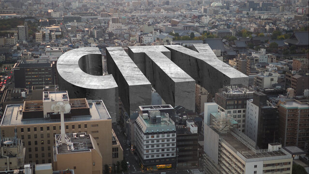 The large structure with "city" letters stands tall over the city in grand style. 3D Rendering