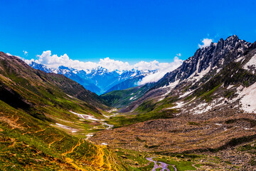 Landscape in the himalayas mountains. Nepal Kashmir valley in the Himalayas region and snow on mountain, Concept travel and camping nature india.