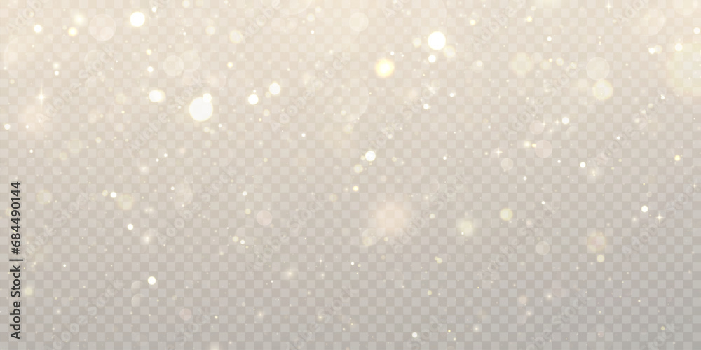 Poster Gold dust light bokeh. Christmas glowing bokeh and glitter overlay texture for your design on a transparent background. Golden particles abstract vector background.	
