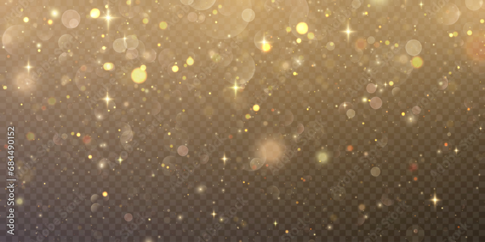 Poster Gold dust light bokeh. Christmas glowing bokeh and glitter overlay texture for your design on a transparent background. Golden particles abstract vector background.	
