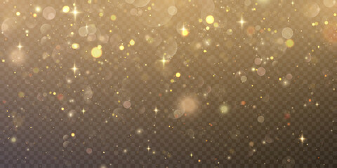 Gold dust light bokeh. Christmas glowing bokeh and glitter overlay texture for your design on a transparent background. Golden particles abstract vector background.	
