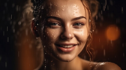 Portrait of beautiful young woman with clean fresh healthy skin smiling feeling the refreshing water rainfall droplets