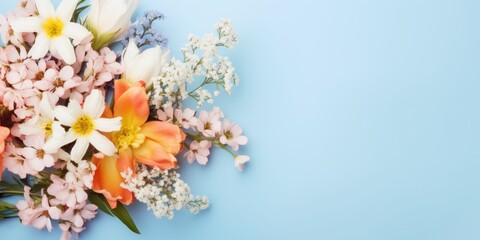 A fresh spring display of orange tulips, white daisies, and pink blossoms set against a calming blue backdrop.