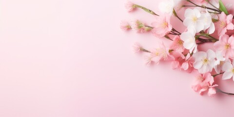 Fototapeta na wymiar Soft pink cherry blossoms gently spread over a pale pink background, offering a serene and delicate springtime vibe.