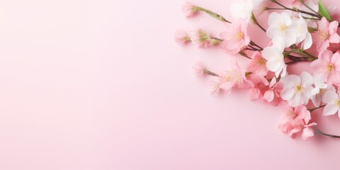 Obraz premium Soft pink cherry blossoms gently spread over a pale pink background, offering a serene and delicate springtime vibe.