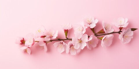 A single branch of cherry blossoms stretches gracefully across a pale pink background, symbolizing the arrival of spring.