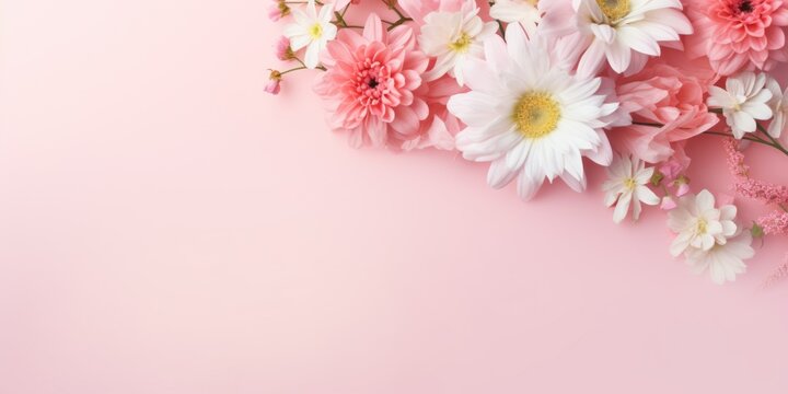 A delicate mix of pink and white flowers gracefully arranged on a soft blush pink background, offering a sense of calm.