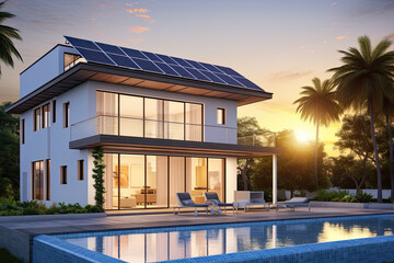 Constructed homes with solar panels on the roof. - obrazy, fototapety, plakaty