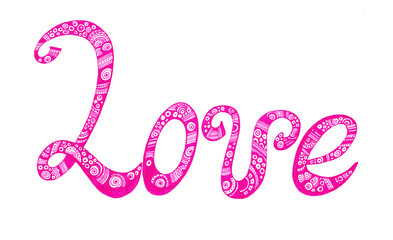 The word Love isolated on white background. Pink color. Doodle lettering. The word is filled with various ornaments. Circles, dots, lines, spirals and other decor. Love card, Valentine's Day, wedding.