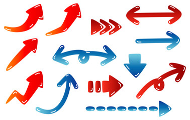 Cute red and blue gradation squishy three-dimensional arrow icon - obrazy, fototapety, plakaty