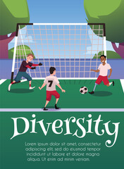 Diversity children playing football vector poster, inclusion boys playing a sports game on the field, kicking the ball