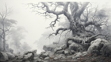 A hyper-realistic pencil drawing of a weathered, ancient tree in a misty forest.