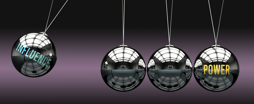 Influence leads to Power. A metaphor in which influence initiates motion of power and gives it energy. Cause and effect relation between influence and power.,3d illustration