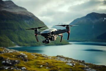 Fototapeta premium Quadcopter flies over a beautiful landscape. AI generative