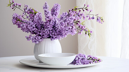 A white vase filled with purple flowers