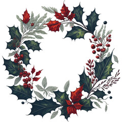 Holly leaves and berry. Christmas wreath watercolour illustration.