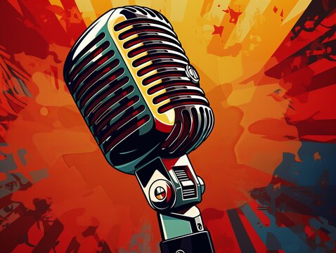 A colorful vintage microphone against a retro comic book style background.