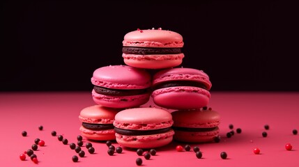 pyramid of pink macarons on a black background