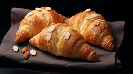 three croissants with almond topping on a gray towel