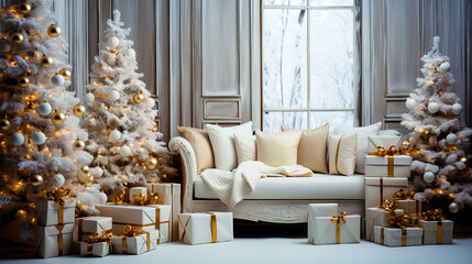 Luxury living room with christmas tree and presents decorated for Christmas and New Year holidays. Generative AI technology