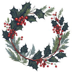 Holly leaves and berry. Christmas wreath watercolour illustration.