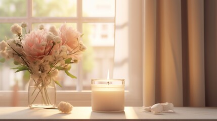 Room interior with flowers in vase, candle and window. Created with Ai