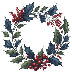Holly leaves and berry. Christmas wreath watercolour illustration.
