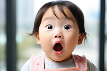 surprised japanese baby with open mouth and big eyes - obrazy, fototapety, plakaty
