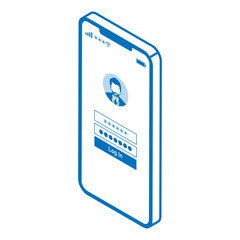 Isometric smartphone icon in a line art style displaying a male avatar on the log-in screen