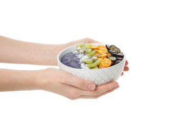 PNG, bowl with smoothie and fruit in hands, isolated on white background