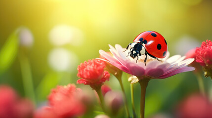 Ladybug on flower under sunlight