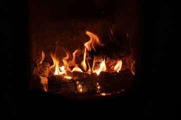 open flames and firewood in fireplace behind glass