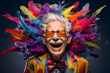 kidult concept photography, funny old man with silver hair. - obrazy, fototapety, plakaty