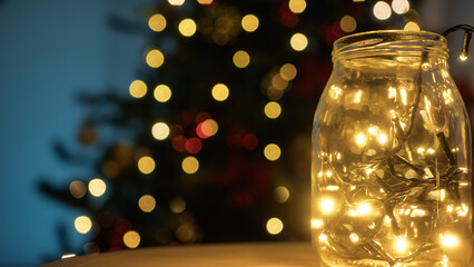 Glass mouthpiece Full Of Christmas Lights Copy Space - obrazy, fototapety, plakaty