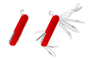 Swiss Army knife or pocket knife isolated realistic vector on white background. This cutting tool is using the large blade for cutting food, slicing paper, carving wood, or gutting a fish. - obrazy, fototapety, plakaty