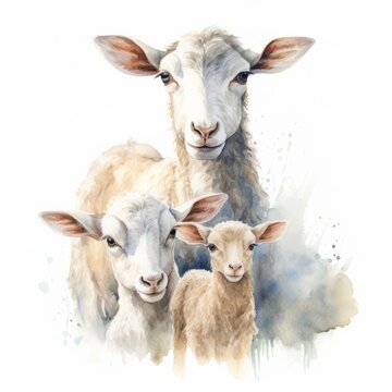 Watercolor depiction of animals, such as sheep and cows, white background. AI generate