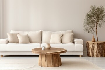Modern living room with white sofa, white walls and round table. Created with Ai