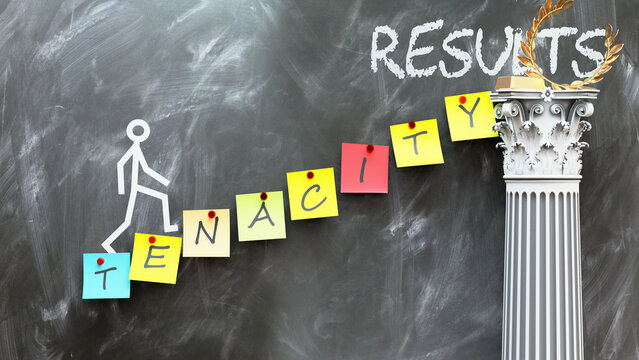 Tenacity leads to Results - a metaphor showing how tenacity makes the way to reach desired results. Symbolizes the importance of tenacity and cause and effect relationship.,3d illustration