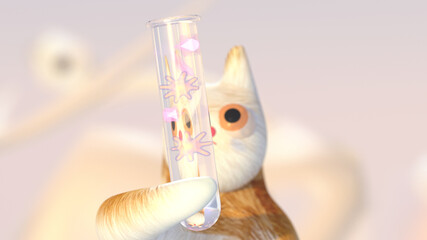 Cartoon cat looking into test tube with viruses. Diseases of cats. Sick cat in veterinary clinic. Immunodeficiency virus. Vet medicine for pets. Background with copyspace. 3d render, 3d illustration.