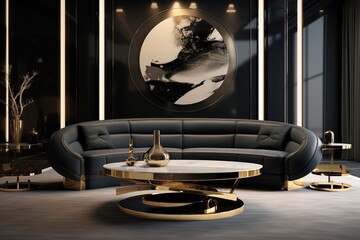 Living room interior design with black sofa, marble walls and table. Created with Ai