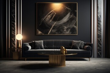 Modern black living room with dark black sofa, round table and poster. Created with Ai