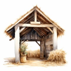 Fototapeta na wymiar A humble stable with straw and a rustic manger, single, white background. AI generate