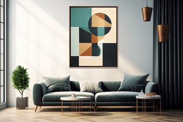 Living room interior with large sofa, two tables and poster. Created with Ai