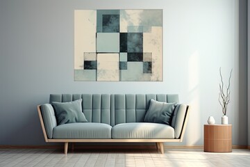 Modern living room with blue sofa, blue walls and poster. Created with Ai