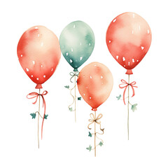 Hand-painted Watercolor Balloon Clipart for Birthdays, Valentine's Day, and Christmas Celebrations, Isolated on Transparent Background, Perfect for Festive Decorations
