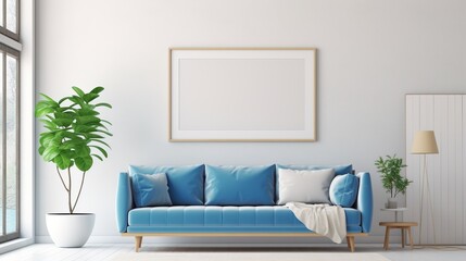 Modern living room with blue walls, blue sofa, plant and poster. Created with Ai