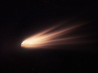 Comet glow on a dark background. Cosmic object in the starry sky. Large meteorite tail. © Nazarii