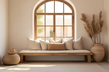 Modern living room with wooden seat, pillow, vase and window. Created with Ai
