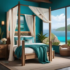 Fototapeta na wymiar cozy bedroom with a wooden canopy bed and a vintage nightstand set against a teal wall