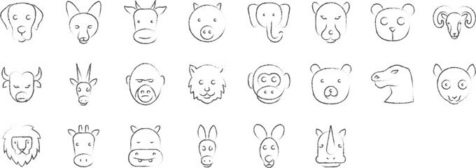 Animal face hand drawn icons set, including icons such as Dog face, Lion face, Monky face, Tiger face, Name, and Fox face. pencil sketch vector icon collection
